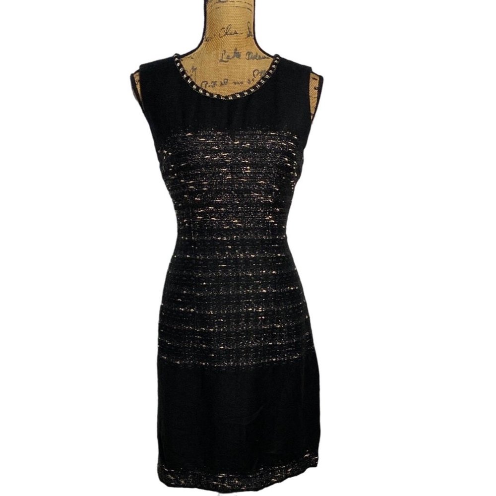 Mimosa Sheath Dress 8 M Black Blue Gold Metallic Woven Tweed‎ Wool Work Party